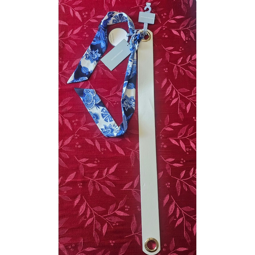 Antonio Melani x Kimberly Whitman Med White Maxwell Belt Blue Floral Fabric NWT